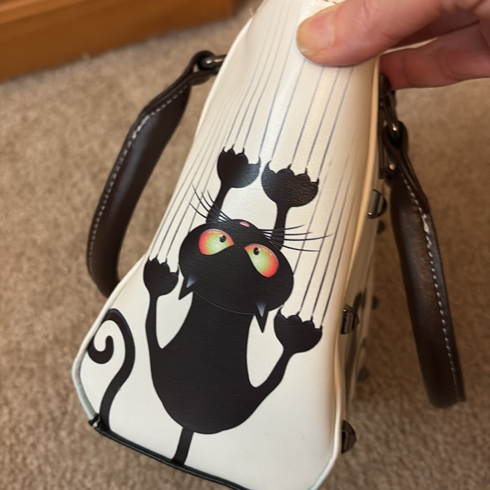 Black & White Cat Studded Handbag Purse w/ Brown Handles - Picture 4 of 10
